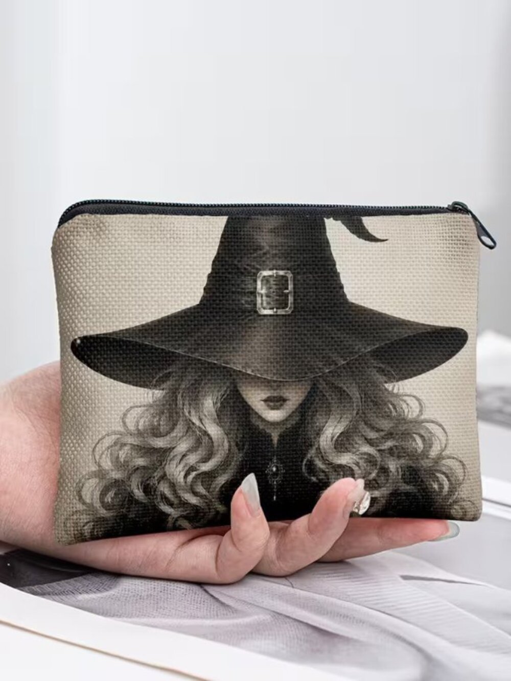 Halloween Gothic Witch w Curly Hair Makeup Bag Double-Sided 4.1"h x 5.5"w
